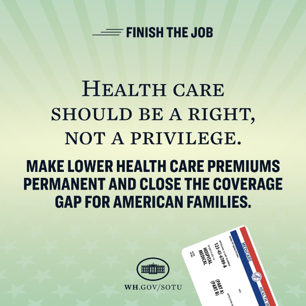 Plakat mit dem Text "Beenden Sie den Job: Gesundheit sollte ein Recht und nicht ein Privileg sein" und einer Karte mit der Aufschrift "Machen Sie niedrigere Gesundheitskosten permanent und schließen Sie die Lücke in der Gesundheitsversorgung für amerikanische Familien."