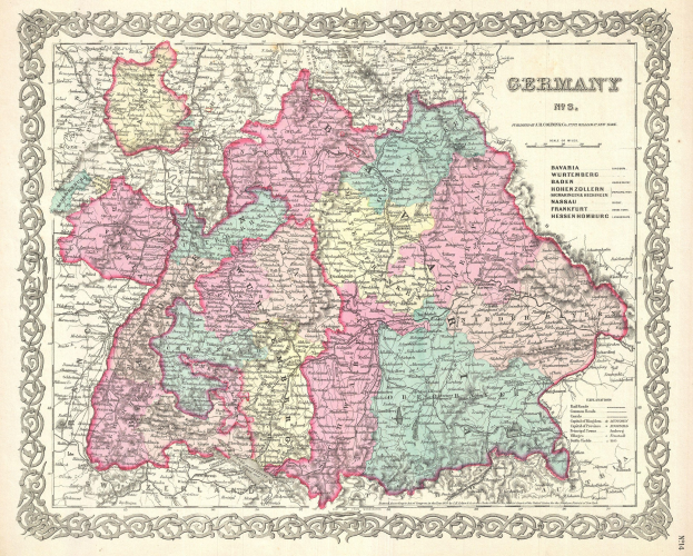 Alte Deutschlandkarte, die die Provinzen Bayern, Baden-Württemberg und Baden zeigt, auf Papier gedruckt mit regionalen Textdetails.
