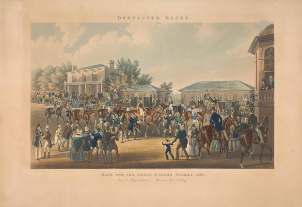 Gruppe von Menschen auf Pferden vor einem Gebäude mit Bäumen und Wolken im Hintergrund, beschriftet mit "Doncaster Races, Race for the Great Stakes, 1839".