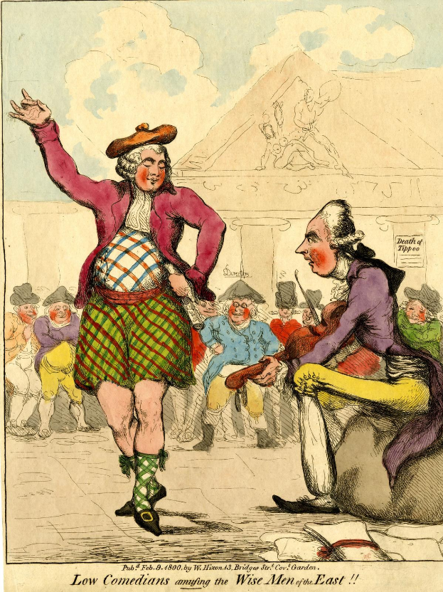 Karikatur eines Mannes in einem Kilt und einer Frau in einem Kleid, die vor einer Menge stehen, mit einem Gebäude und Wolken im Hintergrund und Text unten, der 'Niedrige Komiker amüsieren die weisen Männer des Ostens' liest.