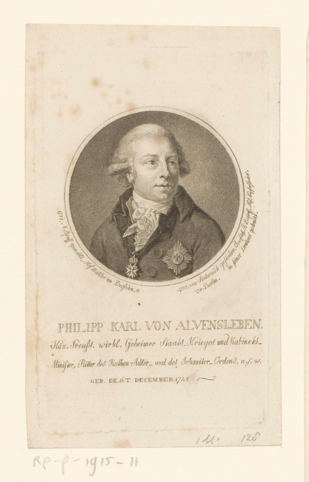 Porträt von Philipp Karl von Alvensleben, einem deutschen Staatsmann, der einen Anzug und eine Krawatte trägt, mit einem ernsten Gesichtsausdruck, dunklem Haar und vor der Brust verschränkten Händen, der abwesend in die Ferne schaut, mit Textüberlagerung auf dem Bild.