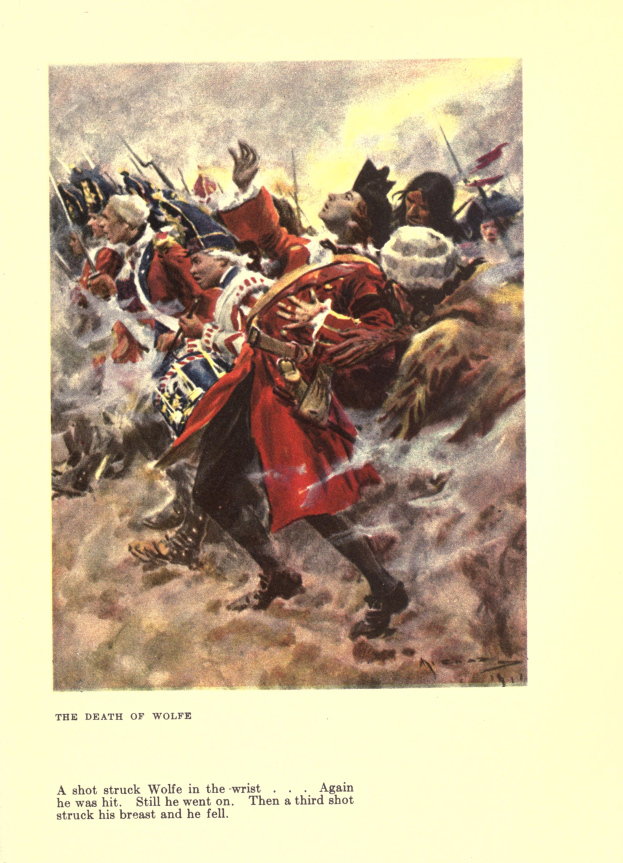 Eine Gruppe von Menschen in Not, einige schauen ängstlich nach oben und andere verzweifelt nach unten, auf einem Plakat mit dem Titel 'Der Tod von Wolfe' mit gedämpften Farben, die eine bedrückende Atmosphäre schaffen.