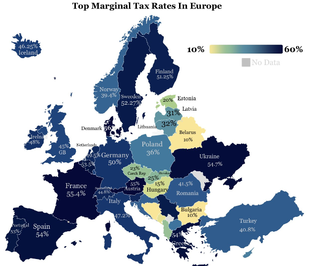 Eine Europa-Karte, die die Spitzensteuersätze der Länder zeigt, mit der Überschrift "Spitzensteuersätze in Europa".