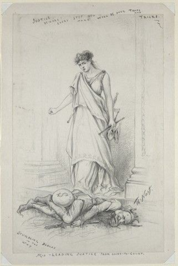 Eine Frau in einem langen Kleid steht mit gefalteten Händen neben einem Mann, der auf dem Rücken liegt und seinen Kopf auf den Händen hat; das Papier trägt die Aufschrift "Der führende Richter des Kreisgerichts".