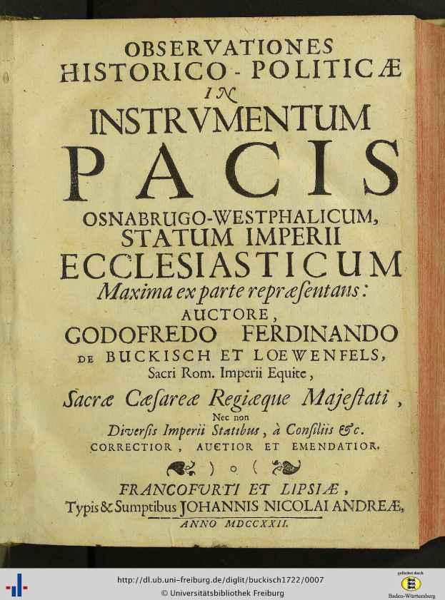 Altes Buch mit dem Titel "Beobachtungen Historico-Politica in Instrumentum Pacis" geöffnet auf einer Seite mit schwarzer Tinte und einem dekorativen Rand.