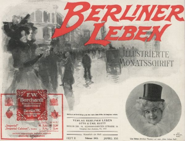 Eine Werbung für das Berliner Leben Theater, das eine Frau in einem Zylinder und einen Mann in einem Anzug zeigt, mit Text, einem Stempel, einigen Menschen und Gebäuden im Hintergrund.