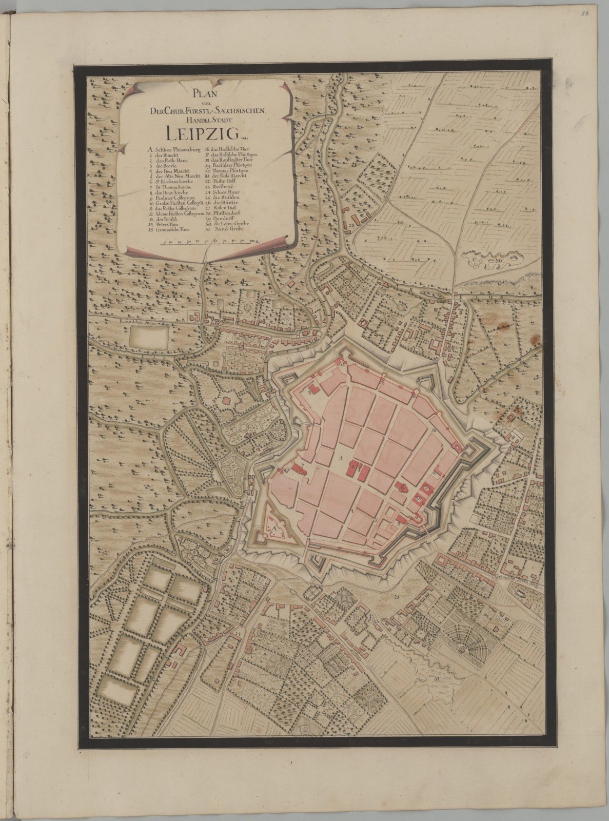 Ein detailliertes altes Buchseitenbild mit einer Karte von Leipzig, Deutschland, mit sichtbaren Straßen, Gebäuden und Sehenswürdigkeiten.