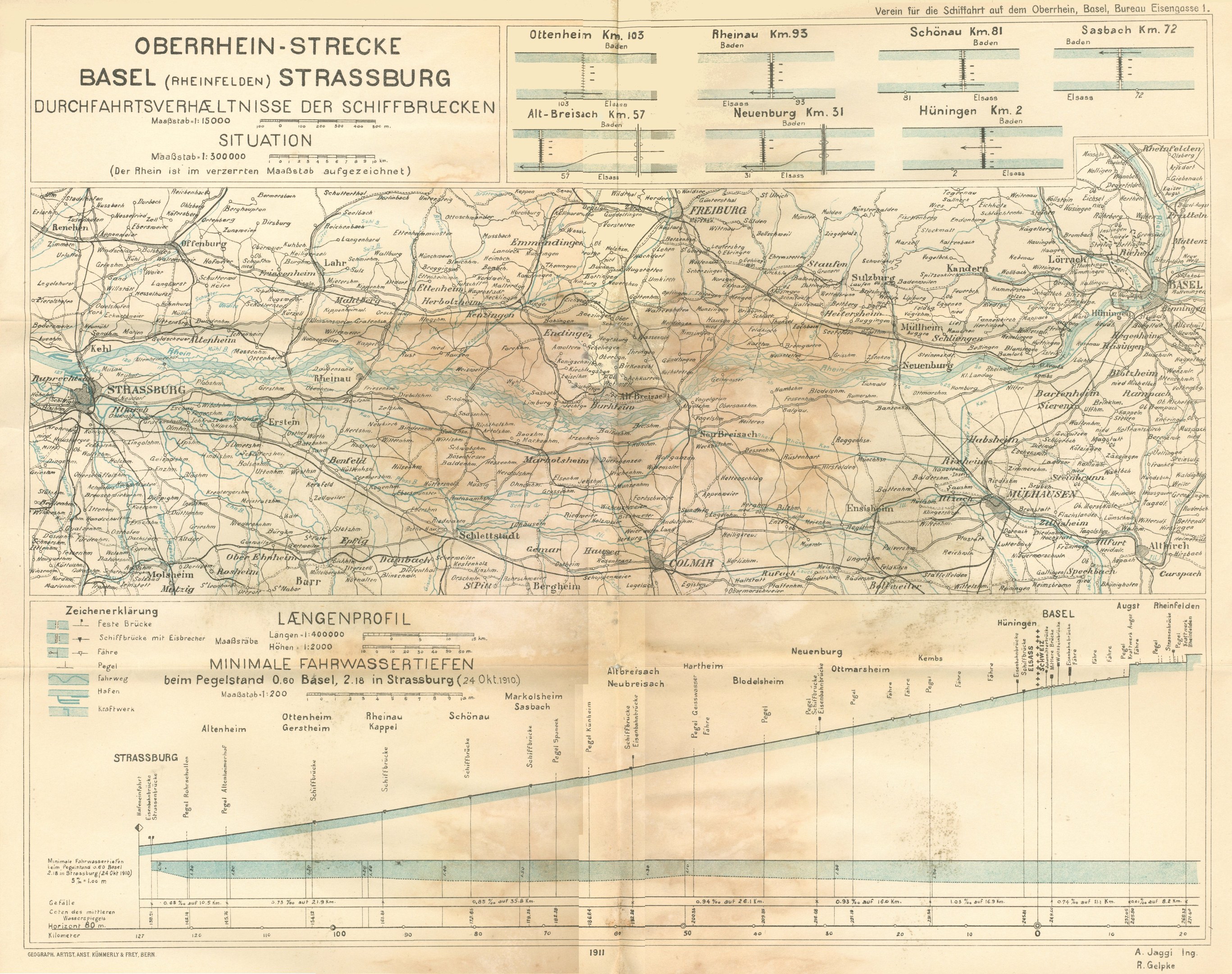 Alte Karte des Basel-Strasburg-Gebietes in Deutschland, die das Ausmaß einer Bahnlinie mit Text und Linien hervorhebt.