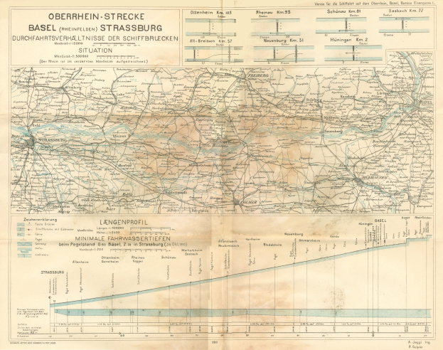 Alte Karte des Basel-Strasburg-Gebietes in Deutschland, die das Ausmaß einer Bahnlinie mit Text und Linien hervorhebt.