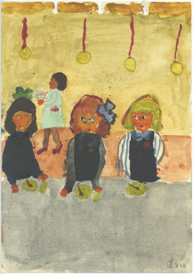 Gemälde von drei Kindern in festlicher Kleidung, die auf einer Bank vor einer Wand mit Weihnachtsornamenten, bunten Orchideen und anderen Festdekorationen sitzen und strahlen.