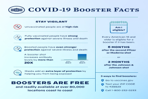 Ein Plakat mit Text und Bildern über Covid-19-Booster-Fakten, einschließlich Statistiken, Virustyp, Risiken und eine Grafik einer Person mit Mund-Nasen-Schutz.