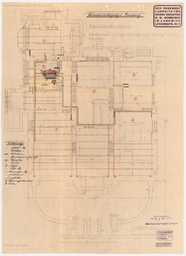 Schwarz-weißer Architekturplan des Rosenhof-Krankenhauses in Hamburg, Deutschland, mit detaillierten Grundrissen, beschrifteten Räumen, Fluren und elektrischen Leitungen.