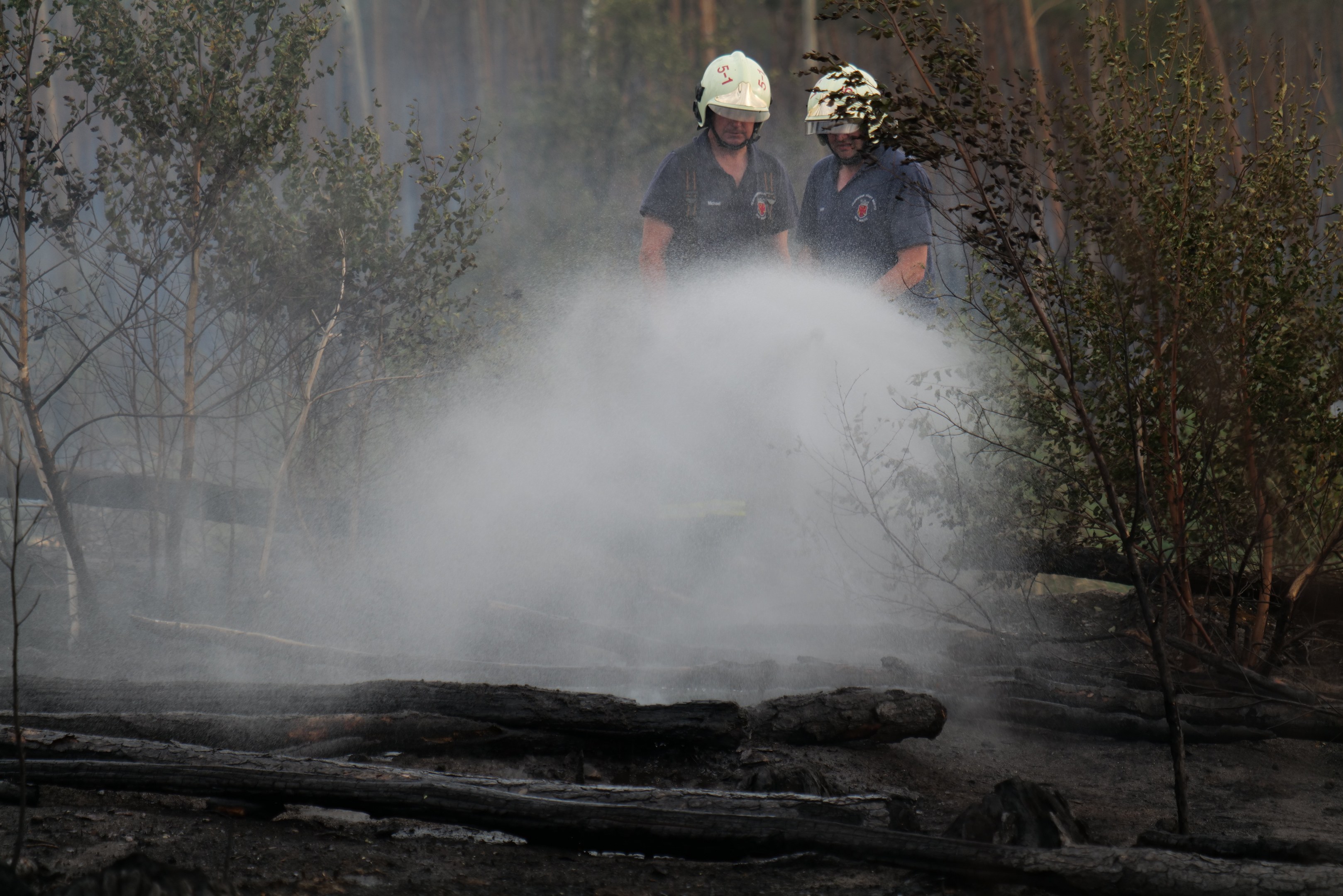 Zwei Feuerwehrleute mit Helmen sprühen Wasser auf ein Waldbrand in einem bewaldeten Gebiet mit Holzstämmen auf dem Boden.