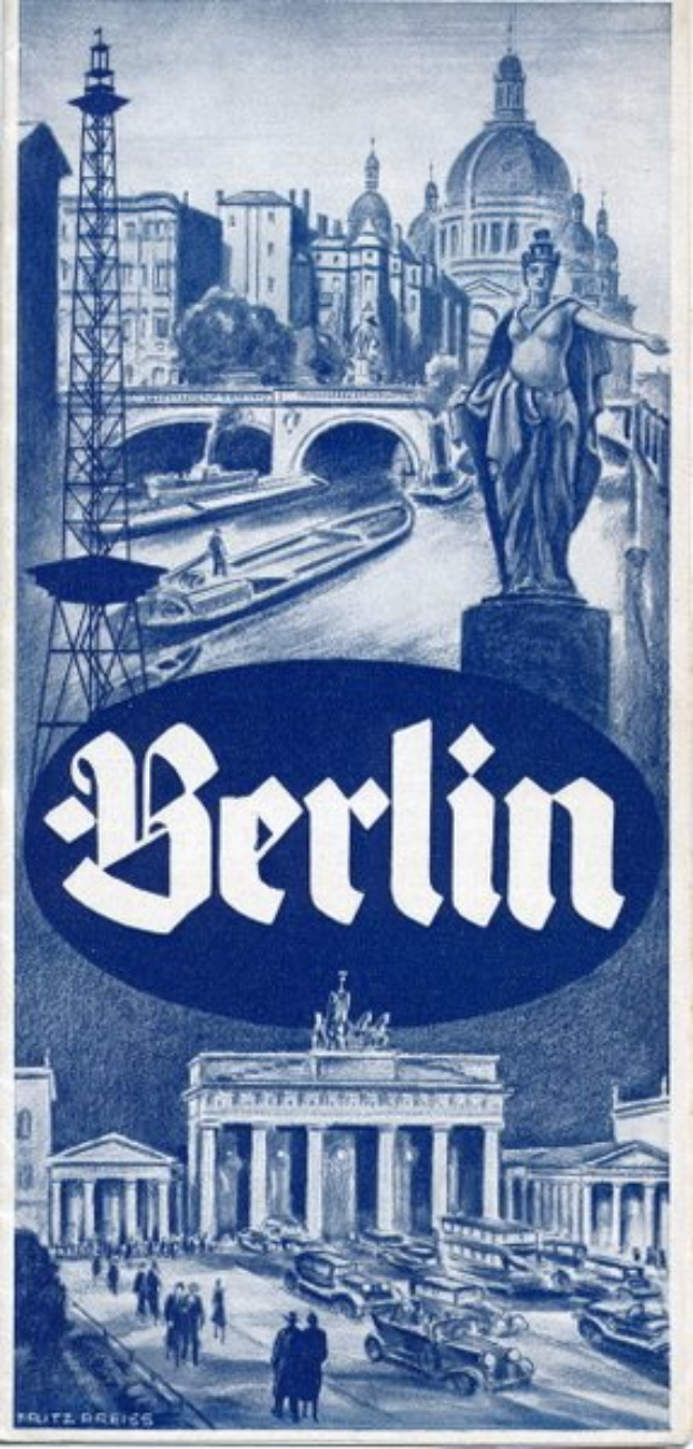 Plakat wirbt für Berlin, Deutschland, mit einer Statue, Gebäuden, einem Turm, Menschen, Fahrzeugen auf der Straße und einer Brücke, mit Text, der Informationen über die Stadt enthält.