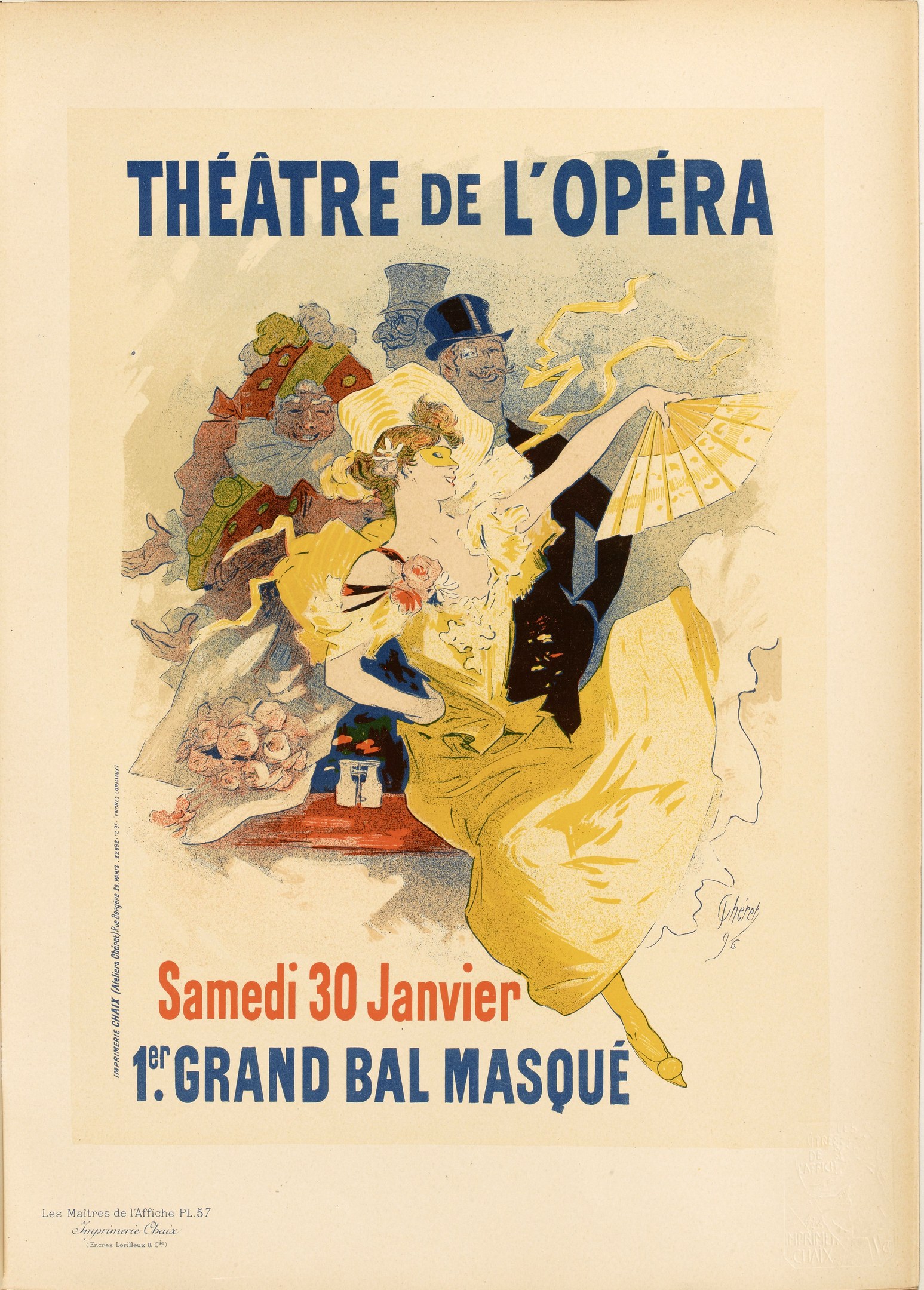 Plakat für das Théâtre de l'Opéra in Paris mit einer Frau in einem weißen Kleid mit einem blauen Schultertuch, ihre Haare zu einem Dutt gebunden, vor einem tiefblauen Nachthimmel mit Sternen und schwarzer Schrift, die 'Theater der Oper' lautet.
