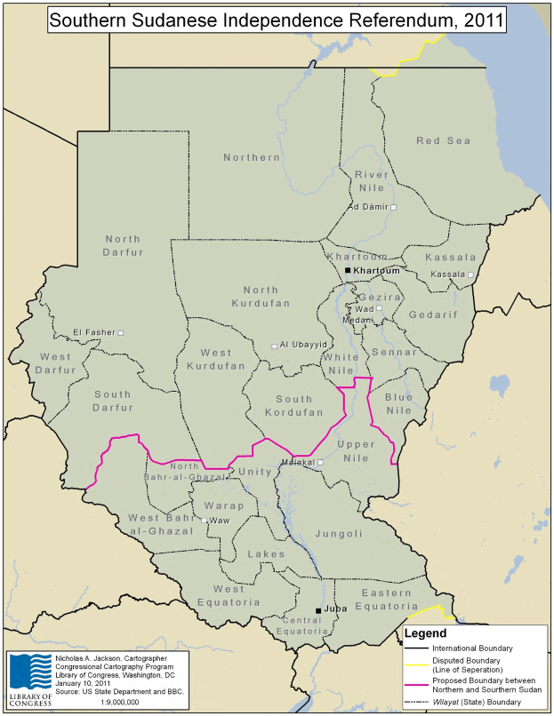 Plakat mit einer bunten Karte der Süddarfurischen Unabhängigkeitsabstimmung von 2011, mit erklärendem Text und Symbolen.