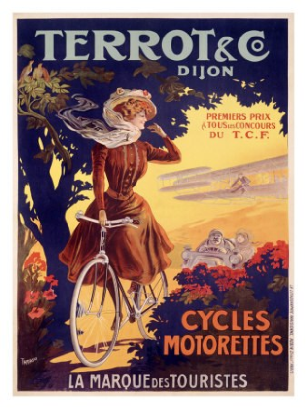 Ein Plakat, das eine Fahrradtour in Frankreich ankündigt und eine Frau auf einem Fahrrad zwischen Bäumen, Blumen und anderen Radfahrern zeigt, mit Text, der die Tour beschreibt.