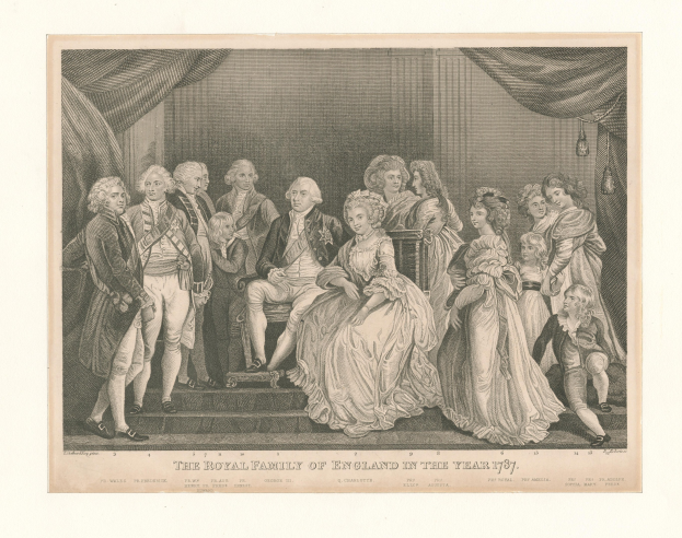 Gruppenporträt der englischen Königsfamilie im Jahr 1787, sitzend und stehend auf einer Treppe mit Vorhängen im Hintergrund, begleitet von Text am unteren Rand.
