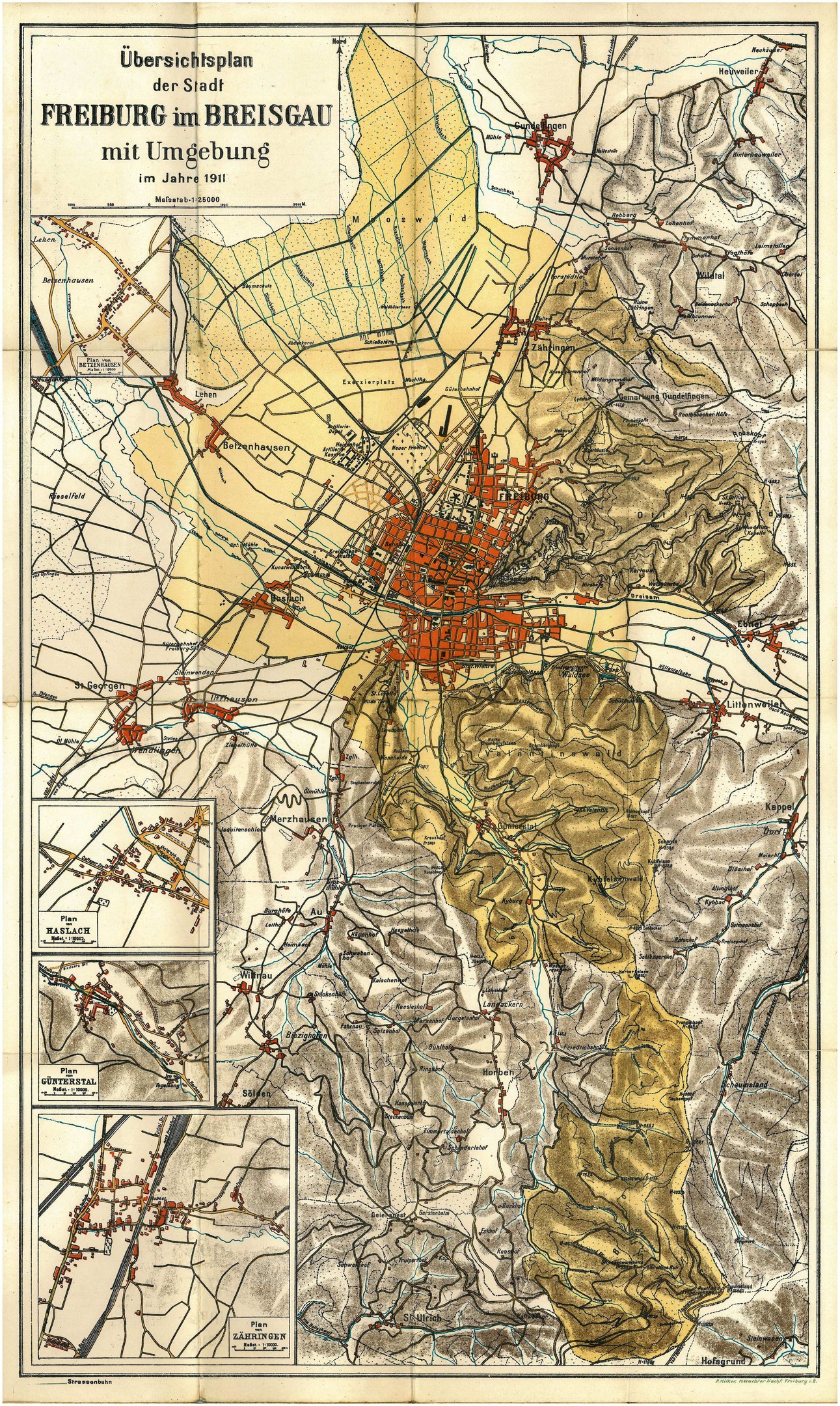 Detaillierte alte Karte von Freiburg, Deutschland, mit Straßen, Gebäuden und Sehenswürdigkeiten, mit Text oben und unten.