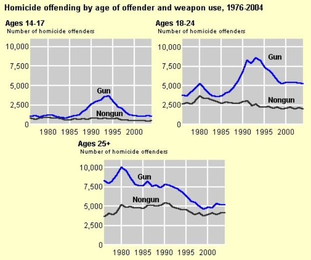 Grafik, die die Homicid-Offending-Rate nach Alter des Täters und Waffengebrauch von 1976 bis 2004 zeigt, mit begleitendem erklärendem Text.