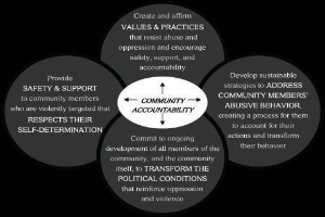 Ein Kreis mit "Gemeinschaftsverantwortung" in der Mitte, umgeben von drei sich überschneidenden Kreisen, die durch Pfeile verbunden sind, alles in fetter, heller und leuchtender Farbe.