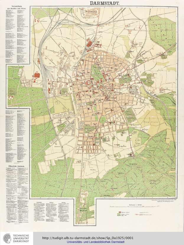 Ein detaillierter alter Stadtplan von Darmstadt, Deutschland, der Straßen, Gebäude, Sehenswürdigkeiten und Text mit zusätzlichen Stadtinformationen zeigt.