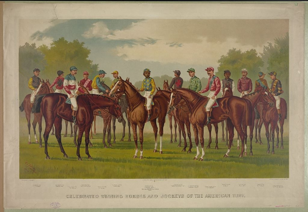 Gruppe von Menschen, die auf einem grünen Feld mit Bäumen und einem blauen Himmel reiten, Text unten lautet "Feiernder Siegerpferde und Jockeys der amerikanischen Rennbahn".