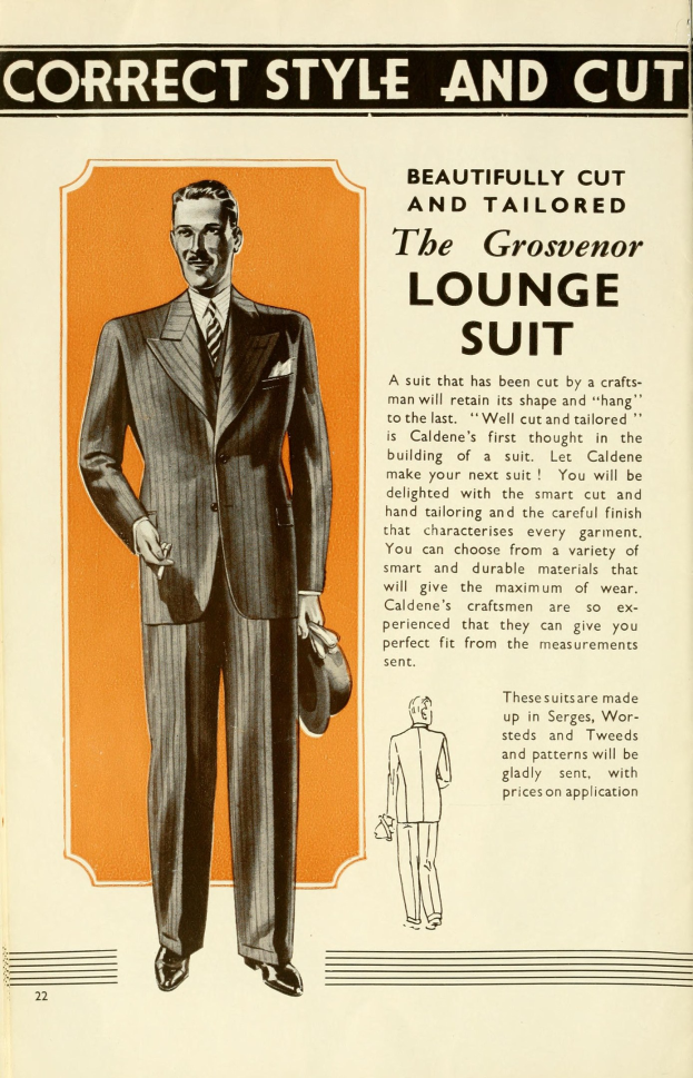 Ein gut gekleideter Mann in einem maßgeschneiderten Anzug, weißem Hemd, schwarzer Krawatte und Einstecktuch steht selbstbewusst vor einer Zeitschriftwerbung mit seinem Outfit.