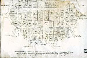 Ein detaillierter alter Stadtplan von Berlin, Deutschland, auf einem schwarzen Hintergrund, der Straßen, Gebäude und Sehenswürdigkeiten zeigt, mit Text, der zusätzliche Informationen bietet.