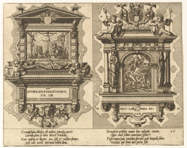 Zwei detailreiche Skulpturen mit verschiedenen Formen und Größen sind auf einer Wand dargestellt, begleitet von fettem Text.