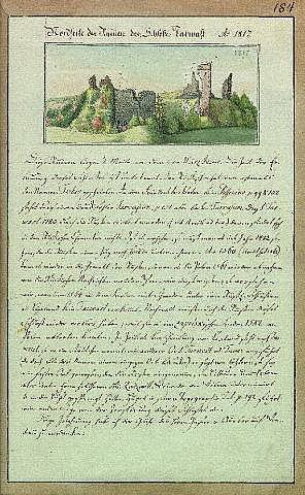 Altes deutsches Familienschreiben aus dem Jahr 1847 mit einer Kursive, die eine Burg im Hintergrund zeigt.
