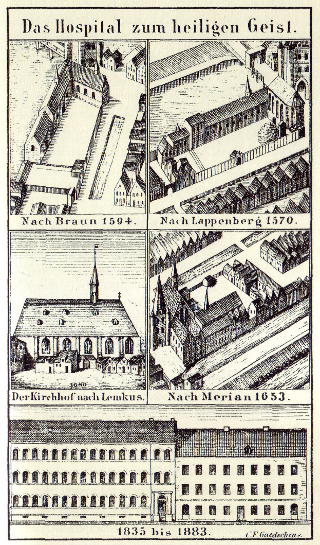 Eine detaillierte Plakatillustration eines deutschen Krankenhauskomplexes mit beschrifteten Gebäuden, Fenstern, Türen und Balkonen sowie begleitendem Text über seine Größe, Lage und Ausstattung.
