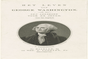 Porträt von George Washington auf Papier mit Text, frontal mit ernstem Gesichtsausdruck, Anzug und Krawatte tragend, zurückgekämmtes Haar.