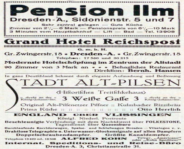 Schwarzer Text auf einem weißen Hintergrund, der eine alte Zeitungsanzeige für die Pension in Dresden, Deutschland, zeigt.