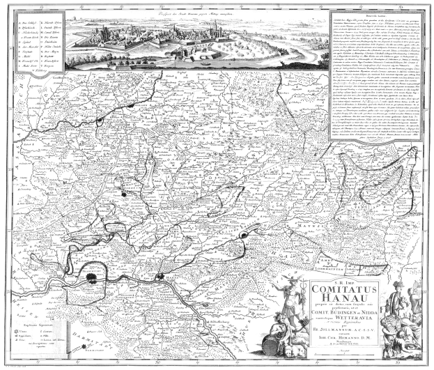 Schwarzes und weißes Plakat mit Stadtplan von Comitius Hanau mit Straßenzügen, Gebäuden und Fotos von Menschen.