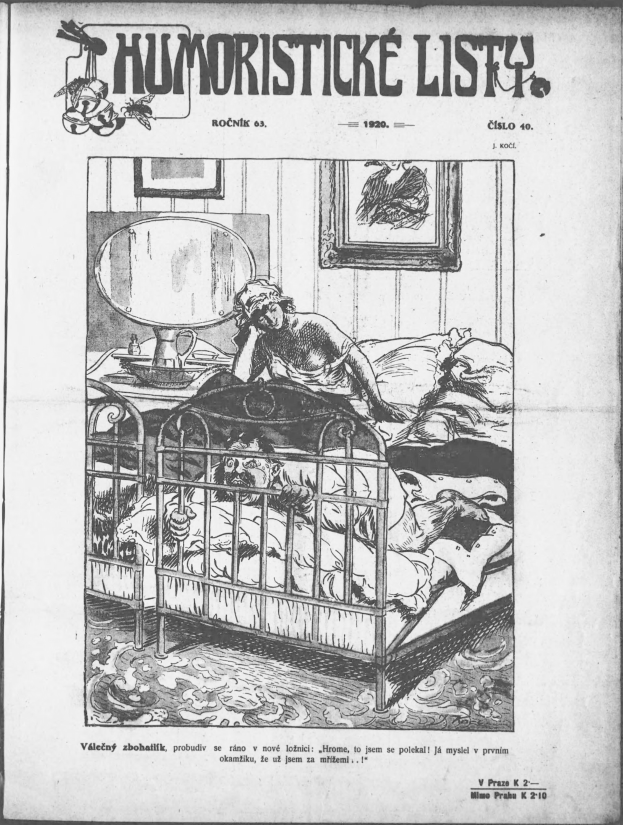 Schwarze und weiße Illustration einer Person, die auf einem Bett liegt, mit einem Spiegel auf dem Nachttisch und einem Rahmen an der Wand, begleitet von tschechischem Text vom 20. April 1920.
