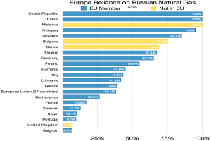 Eine Grafik, die die Abhängigkeit Europas von russischem Erdgas zeigt, mit Prozentangaben und Text, der den Anteil der Investitionen im Land angibt.