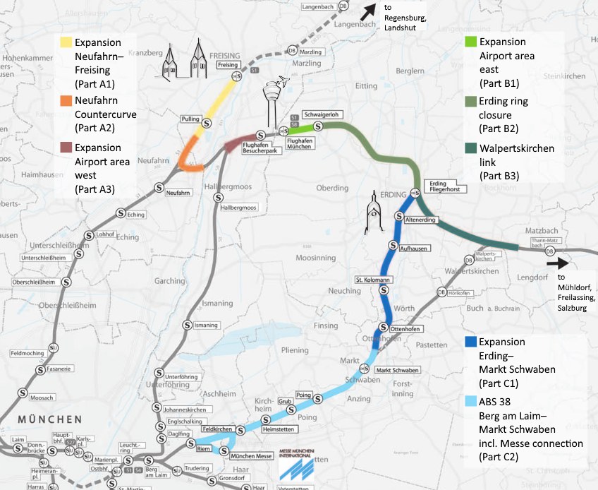 Eine detaillierte Karte einer Stadt mit einer hervorgehobenen Bahnroute von München nach Frankfurt, einschließlich Haltestellen und umliegender Gebiete, mit zusätzlichen Bahninformationen.