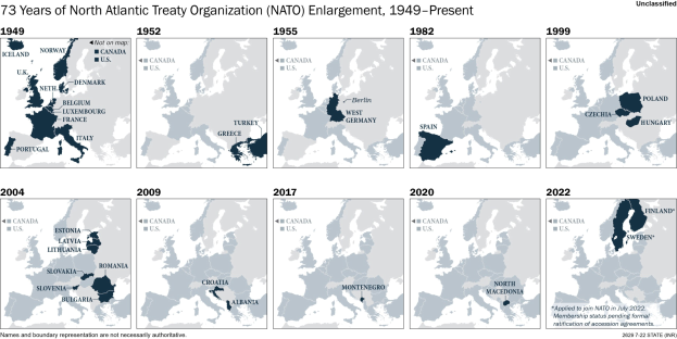 Karte der NATO-Erweiterung von 1949 bis heute, die die Erweiterung in verschiedenen Regionen nach Jahren zeigt.