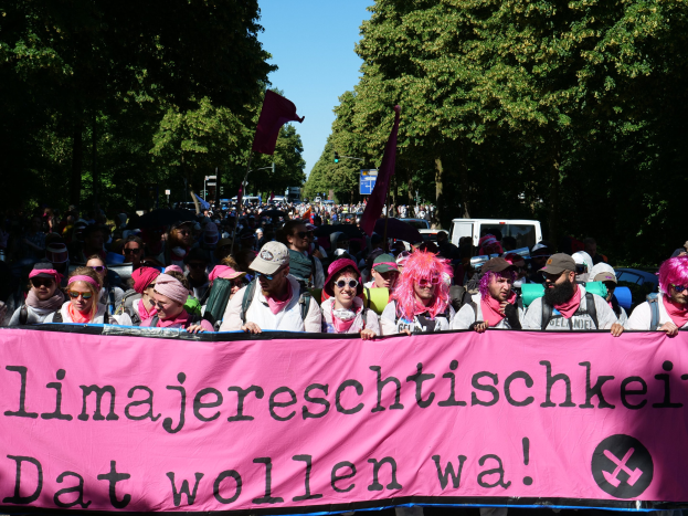 Eine Gruppe von Menschen marschiert auf einer Straße, hält ein pinkes Banner mit der Aufschrift "Women's March in Berlin" und trägt teilweise Mützen und Schutzbrillen, während andere Fahnen halten; Bäume, Fahrzeuge und Himmel sind im Hintergrund zu sehen.