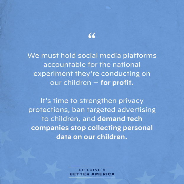 Plakat mit einem Zitat aus Building a Better America, das die Verantwortung der Social-Media-Plattformen für ihren Einfluss auf Kinder betont, dekoriert mit Sternen.