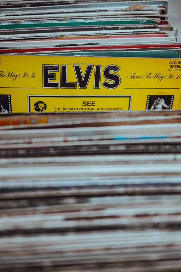 Ein ordentlich gestapelter Haufen Elvis-Presley-Platten mit sichtbaren Titeln auf einem leicht unscharfen Hintergrund.