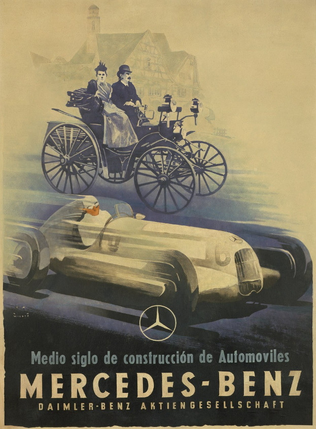 Vintage Mercedes-Benz-Werbung aus den 1930er Jahren mit einem Plakat, das ein Auto, zwei Personen im Inneren und ein Geb├Ąude im Hintergrund zeigt, begleitet von beschreibendem Text.