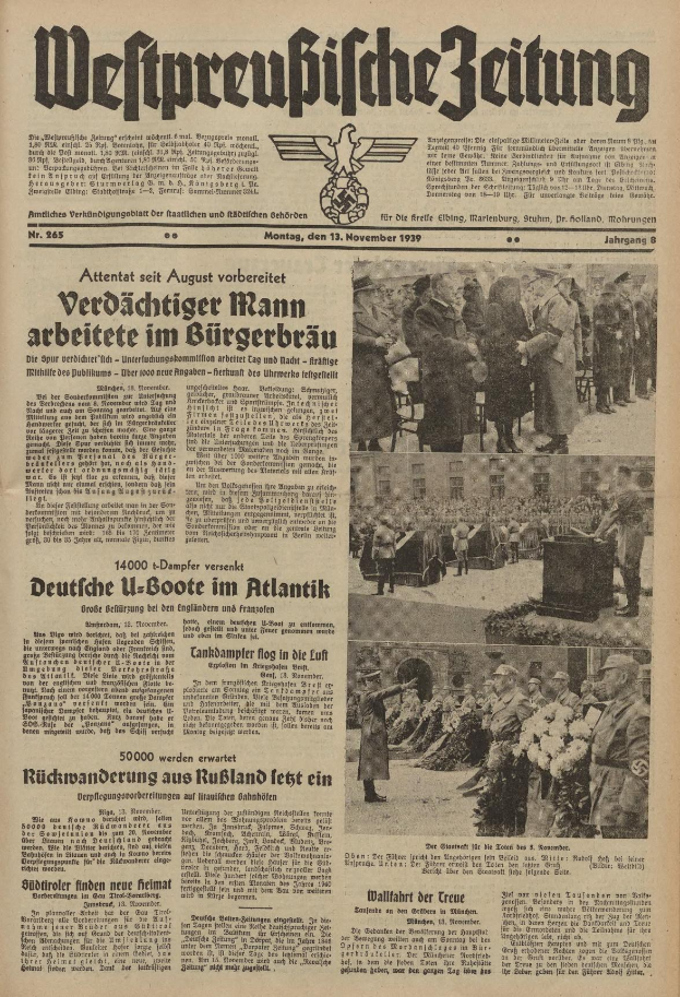 Schwarze und wei├če Titelseite einer deutschen Zeitung vom 13. November 1939 mit der ├ťberschrift 'Weitpreubliche Zeitung' und einem Foto von Menschen in traditioneller deutscher Kleidung beim Feiern.