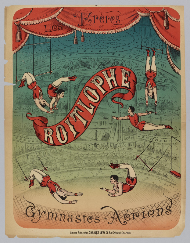 Ein altes Buch mit einem Zirkusplakat auf dem Cover, das Akrobaten bei ihrer Vorstellung zeigt, begleitet von Text, der den Zirkus beschreibt.