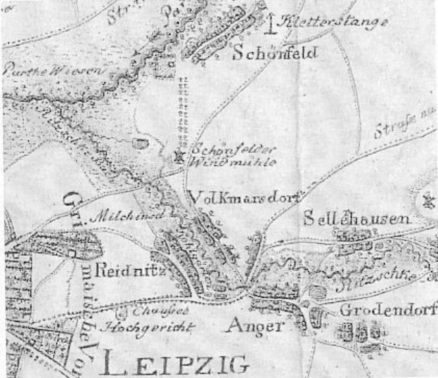 Detailierte alte Karte von Leipzig, Deutschland, zeigt Straßen, Gebäude und Sehenswürdigkeiten mit begleitendem Text über Bevölkerung, Straßen und bemerkenswerte Orte.