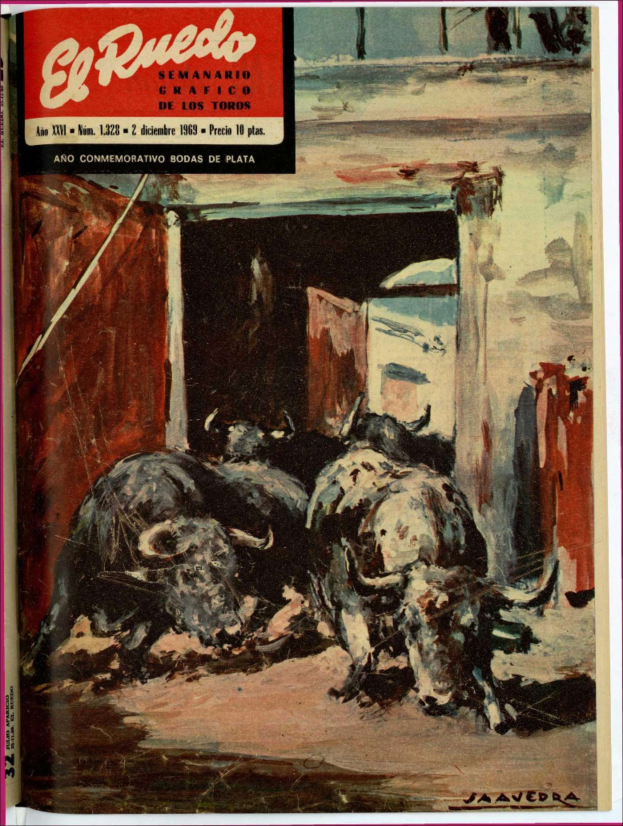 Buchumschlag mit einem Gemälde eines Stiers in einem Stall, mit ein paar Tieren im Vordergrund, einer Wand und einer Tür im Hintergrund und Text oben.