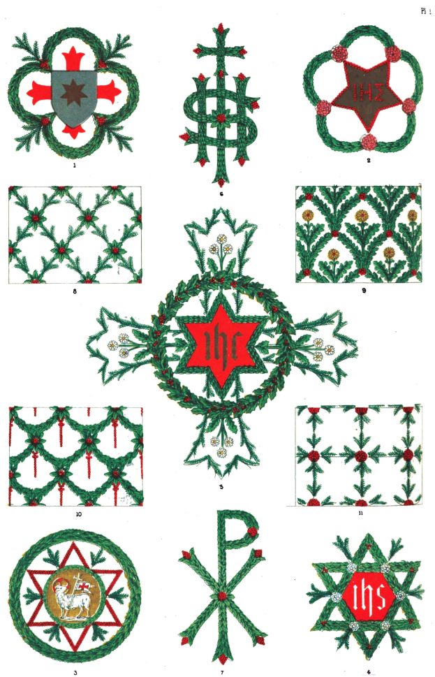 Ein Buchseite mit verschiedenen kunstvoll gestalteten Weihnachtsgestecken mit einzigartigen Mustern und festlichen Texten in einer weihnachtlichen Schriftart.