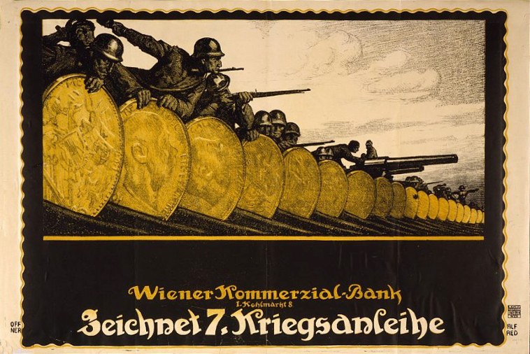 Eine Gruppe von Helmetträgern mit Waffen, mit dem Text "Wiener Kommerzial Bank" unten auf einem deutschen Weltkriegspropagandaplakat der deutschen Armee.