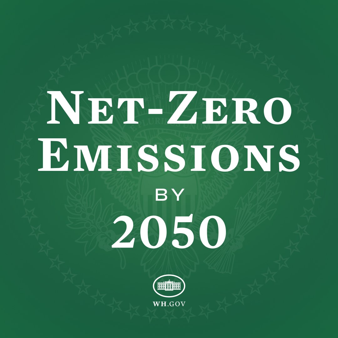 Weißer fetter Text auf einem grünen Hintergrund mit der Aufschrift "net-zero emissions by 2050."